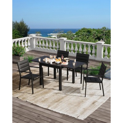 Expandable Patio Table, 31"-63" Extentable Outdoor Dining Table Set for 4-6 People, Aluminum Frame with Wood Pattern for Backyard, Deck, Dark Grey