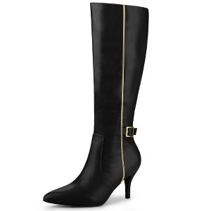 Allegra K Women's Pointy Toe Buckle Decor Side Zip Stiletto Heel Knee High Boots - 1 of 4