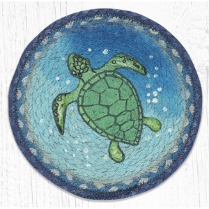 Earth Rugs Sea Turtle Round Trivet – 10"x10" Coastal-Inspired Braided Natural Fiber Hot Pad with Nautical Print - 1 of 3