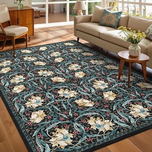 Floral Print Area Rugs Washable Vintage Accent Carpet, Non-Slip Oriental Floor Cover - 1 of 4