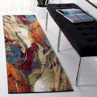 Abstract Red and Green Synthetic Runner Rug, 2'3" x 18'