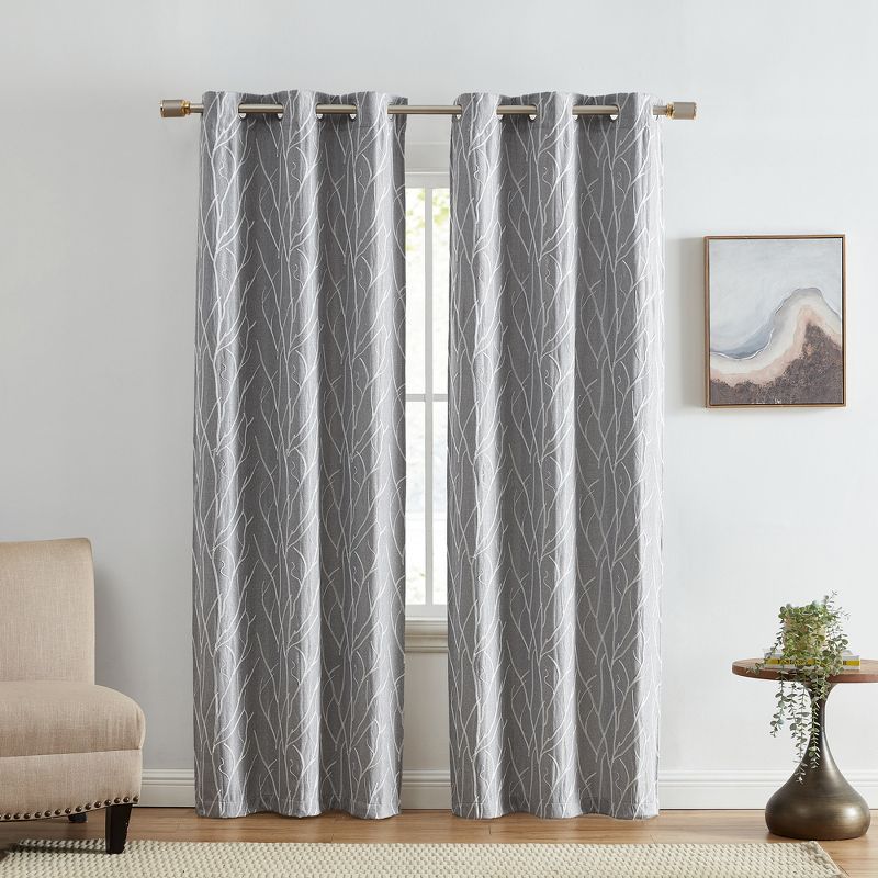 Sterling Branch Motif Embroidered Blackout Window Curtain Panel, Set of 2 - Elrene Home Fashions, 1 of 5