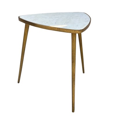 Plectrum Shape Marble Top Accent End Table with Metal Tripod Base White/Gold - The Urban Port