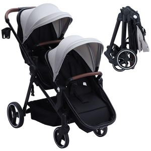 Double Stroller Track Tandem Stroller, Foldable Pushchair Bassinet Pram, Multi-Position Reversible & Adjustable Backrest - 1 of 4