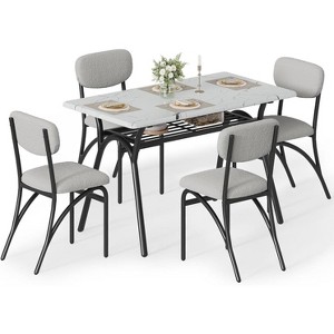 Dining Table Set with 4 Chairs Kitchen Table with Boucle Chairs for 4 Marble-Look Rectangular Table & 4 Upholstered Armchairs - 1 of 4