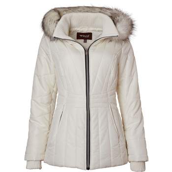 Buy STOP Off White Solid Regular Neck Fur Womens Winter Wear Jacket