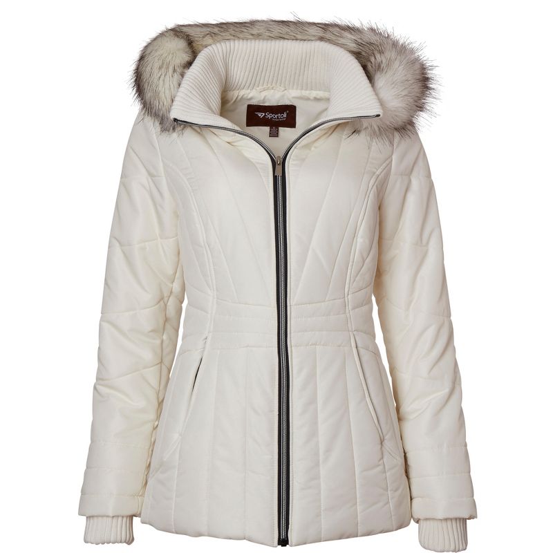 Sportoli Womens Winter Coat Faux Fur Trim Hooded Down Alternative Puffer Jacket, 1 of 5