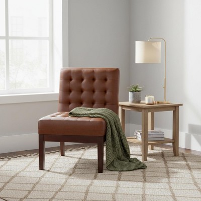 Homy Casa Tufted Armless Accent Chair with Wooden Legs, PU Leather Upholstery for Living Room & Bedroom, Brown