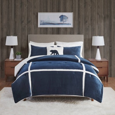 Navy Twin Plush to Sherpa Comforter Set with Bear Pillow
