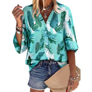 Nlife Women Lapel Collar Floral Print Button Down Long Sleeve Elastic Cuff Shirt - 1 of 4