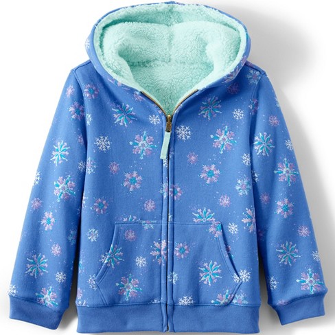 Lands End Kids Reversible High Pile Fleece Hoodie Medium Chicory Blue Snowflakes