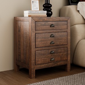 VYNXARIA Rustic Farmhouse Style Three-Drawer Solid Pine Wood Nightstand with Cup Pulls and Integrated Charge Station - 1 of 4