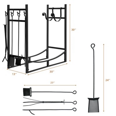 Black Steel Firewood Rack with 4-Piece Tool Set and Kindling Holders