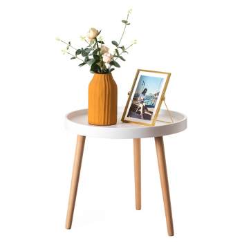 Fabulaxe Modern Plastic Round Side Table Accent Coffee Table with Beech Wood Legs