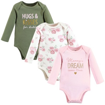 Hudson Baby Infant Girl Cotton Long-Sleeve Bodysuits, Mom Dad Floral, 0-3 Months