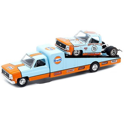 1973 Chevrolet C30 Wedge Truck & Silverado 10 Bedless Truck #15 Light Blue and Orange (Rusted) 1/64 Diecast Model by M2 Machines