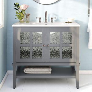 Mshliw 36" Bathroom Vanity with Ceramic Sink, Adjustable Shelf, Open Shelf, Solid Wood Legs & Soft-Close Hinges - 1 of 4