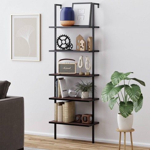 Nathan James Theo 6-Shelf Tall Bookcase, Wall Mount Bookshelf Wood with Metal Frame - Nutmeg/Matte Black