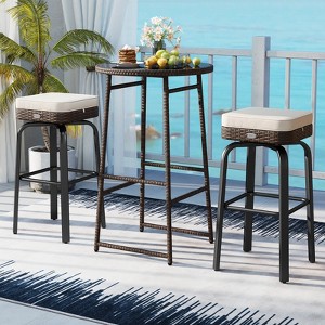 Costway 3 PCS Outdoor Swivel Bar Set with 2 Chairs, Tempered Glass Top, Soft Cushions - 1 of 4
