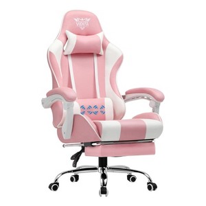 Ergonomic Gaming Chair with Footrest & Lumbar Pillow –  PU Leather Comfort(White & Pink) - 1 of 2