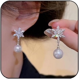 Christmas Snowflake Stud Earrings, Sparkling CZ & Pearl Design in Silver Tone. - 1 of 4