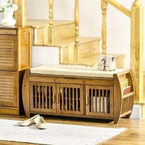 Nicbex Storage Bench Bamboo Shoe Bench with Storage Cabinets 3 Doors Side Rack for Entryway - 1 of 4