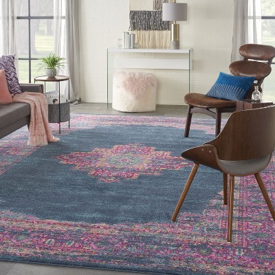 Floral Blue Synthetic 12' x 15' Easy-Care Rectangular Rug