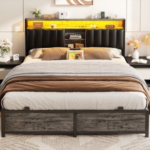 Aheaplus Platform Beds with Upholstered Headboard, Charge Station, and LED Lights - 1 of 4