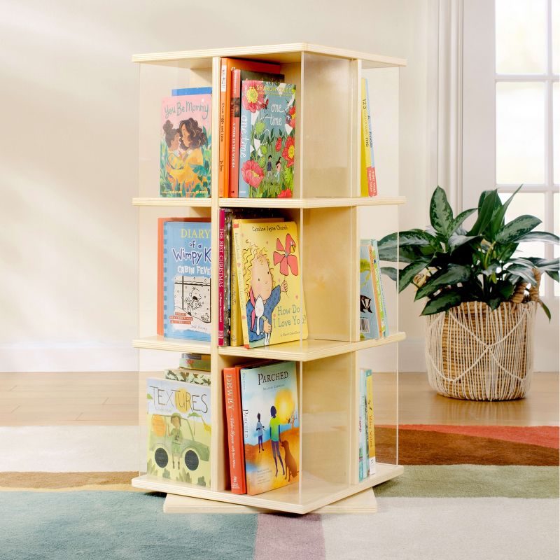 Guidecraft EdQ Rotating 3 Tier Book Display: Kids' Wooden Spinning Bookshelf with Acrylic Shelves for Storage in Classroom or Playroom, 1 of 6