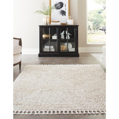 Ivory Geometric Shag Rug with Braided Fringe, 2' x 3'
