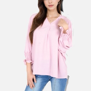 Anna-Kaci Women's V-Neck Blouse with 3/4 Lantern Sleeves and Ruffle Cuffs - 1 of 4