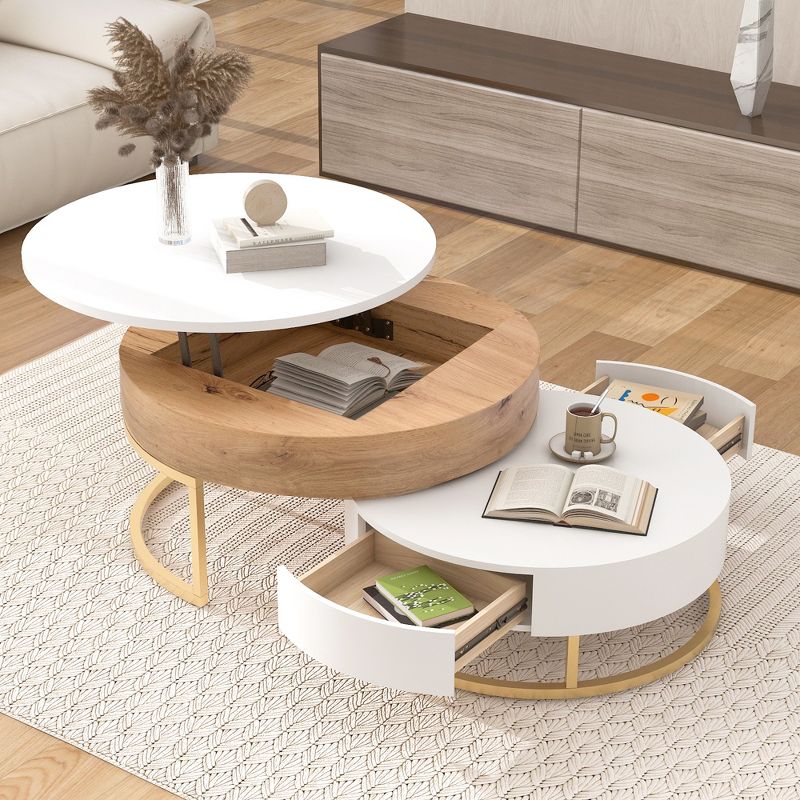 Modern Round Nesting Coffee Table, Lift-top Cocktail Table with 2 Drawers-ModernLuxe, 2 of 15