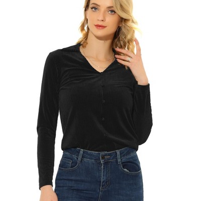 INSPIRE CHIC Women's Ribbed Knit Velvet V Neck Long Sleeve Solid Blouse