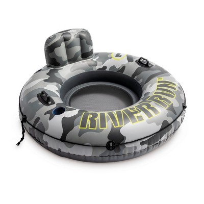 Intex 56835EP River Run I Camo Inflatable Floating Towable Water Tube Raft with Cup Holders and Handles for River, Lake or Pools, Gray Camo