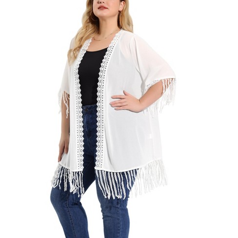 Women 3/4 Bell Sleeve Beach Sheer Lace Kimono Summer Cardigan Lightweight  Solid Color Open Front Cover Up Black S at  Women's Clothing store