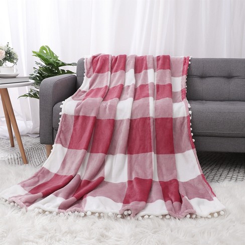 PiccoCasa Flannel Pom Pom Tartan Checkered Fleece Throw Blanket 1Pc Pink and White 50