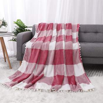 PiccoCasa Flannel Pom-Pom Tartan Checkered Fleece Throw Blanket 1Pc Pink and White 50"x60"