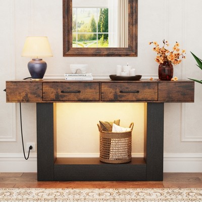 Dolonm 2-Tier 63" Console Desk with 2 Drawers,U-shaped Base with Power Outlet & USB Ports/ LED Lights,for Entrances,Corridors,Behind Sofas