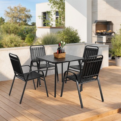 Outdoor Dining Set, 5 Pcs Dining Set with Plastic Chairs and Steel Table, Dining Table with Steel Tabletop and Umbrella Hole-Coolbibila