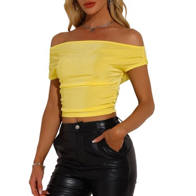INSPIRE CHIC Women's Off Shoulder Short Sleeve Elastic Crop Shirts