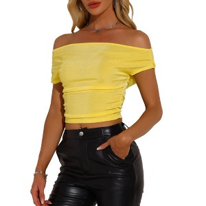 INSPIRE CHIC Women's Off Shoulder Short Sleeve Elastic Crop Shirts - 1 of 4