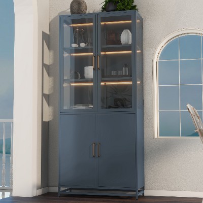 Lyngins Tall Display Cabinet with LED Lighting, Adjustable Shelves, Steel Curio Cabinet with 3-Sided Glass, Versatile Storage Cabinet, Accent Cabinet