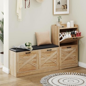 Farmhouse Shoe Cabinet Bench,4 Drawer Hidden Organizer w/Padded Seat - Narrow Entryway Storage for Hallway, Closet & Living Room, Natural - 1 of 4