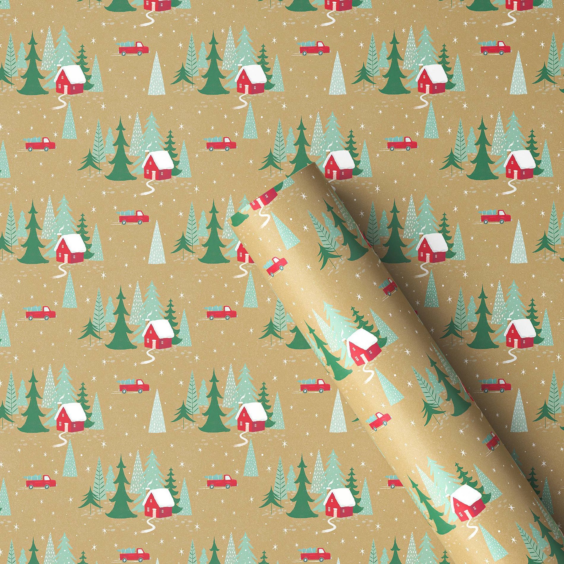 30" 50 sq ft Christmas Gift Wrapping Paper Cabin and Truck on Faux Kraft - Wondershop™