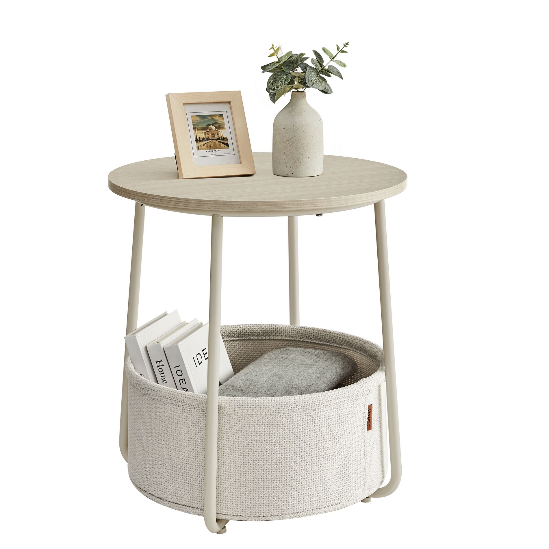 Small Round Side End Table, Modern Nightstand with Fabric Basket Cream White