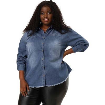 Agnes Orinda Women's Plus Size Regular Fit Button Down Long Sleeve Denim  Shirts Blue 2X