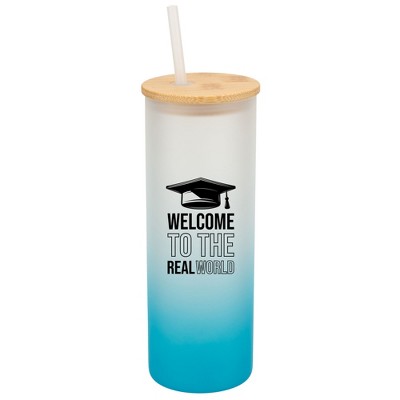Elanze Designs Welcome Real World Grad School Graduation Wrap-Around Design 25 Ounce Frosted Gradient Glass On-The-Go Coffee Travel Skinny Tumbler Mug