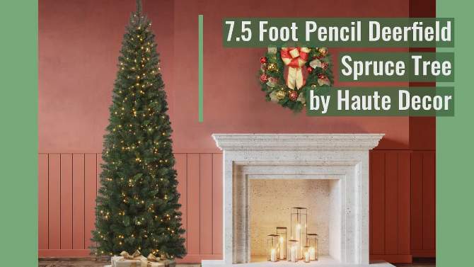 Haute D&#233;cor 7.5&#39; Pre-Lit LED Pencil Deerfield Spruce Artificial Christmas Tree White Cluster Lights, 2 of 5, play video