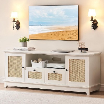 Homhougo TV Stand for 65" TV, Rattan Entertainment Center TV Media Console Table, Modern TV Stand with Storage and Drawer, TV Console Cabinet, White
