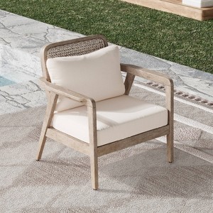 Gulches Outdoor Acacia Wood Patio Club Chair, Patio Furniture,Waterproof Thick Cushion Deep Seating,Light Brown finish, Cream cushion - 1 of 4